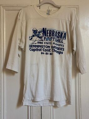 Vintage Bennington Nebraska Football White + Blue 3/4 sleeve Tee - 1986